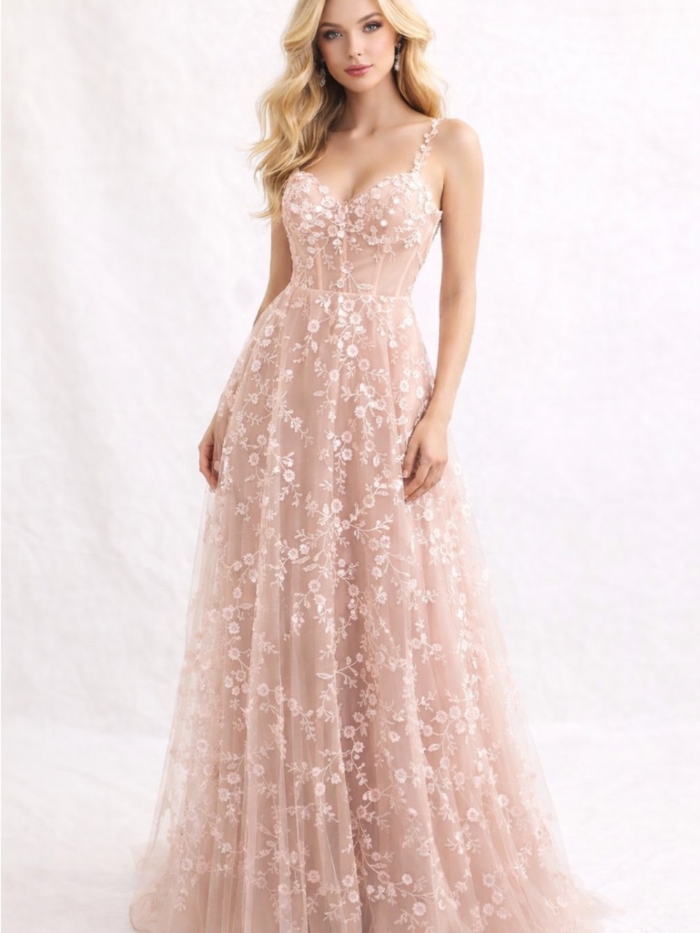 Floral Lace A-Line Evening Dress in Blush